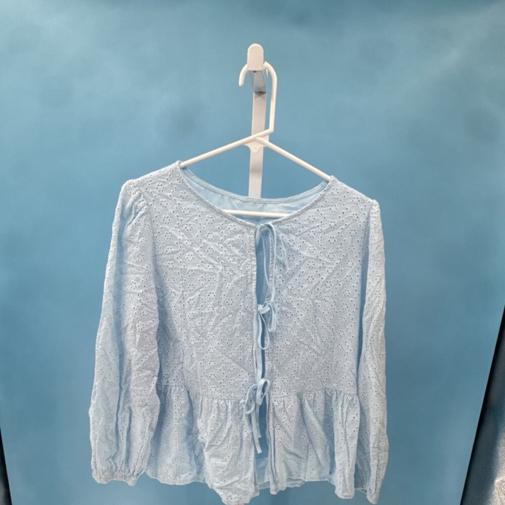 Women's Light Blue Eyelet Tie Front Ruffle Blouse Long Sleeve Round Neck Size L